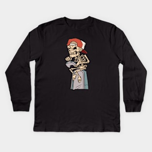 Cartoon Skeleton Gamer Sitting on a Tombstone Kids Long Sleeve T-Shirt